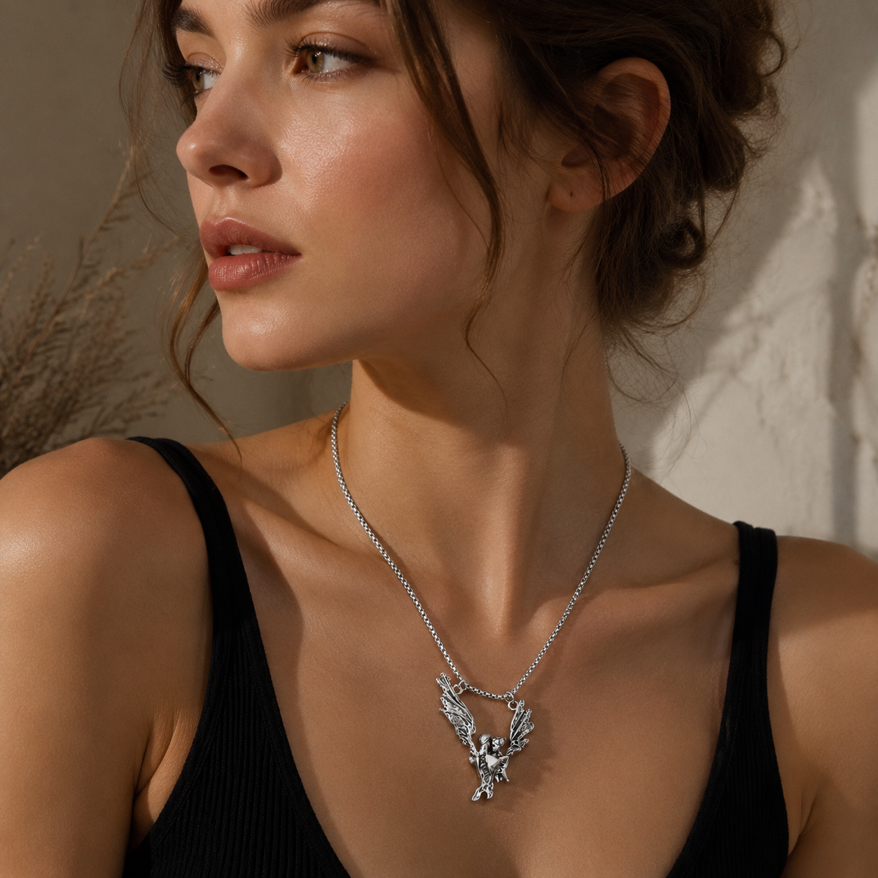 Fallen Angel Pendant Necklace • Antique Silver & 18K Gold Plated Statement Jewelry