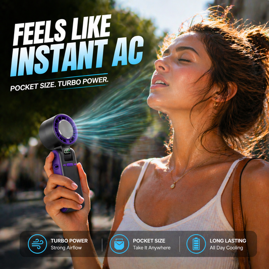 Portable Turbo Handheld Fan – 100 Speeds, 5500mAh, Up to 10H Cooling, 20°F Drop, 170° Foldable