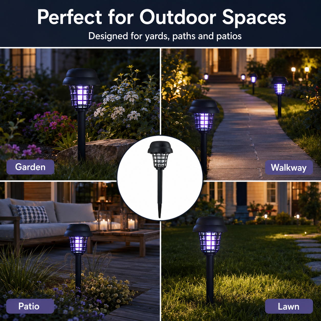 Solar Mosquito Zapper Garden Lights with Purple Bug-Zapping Light & Warm Pathway Glow