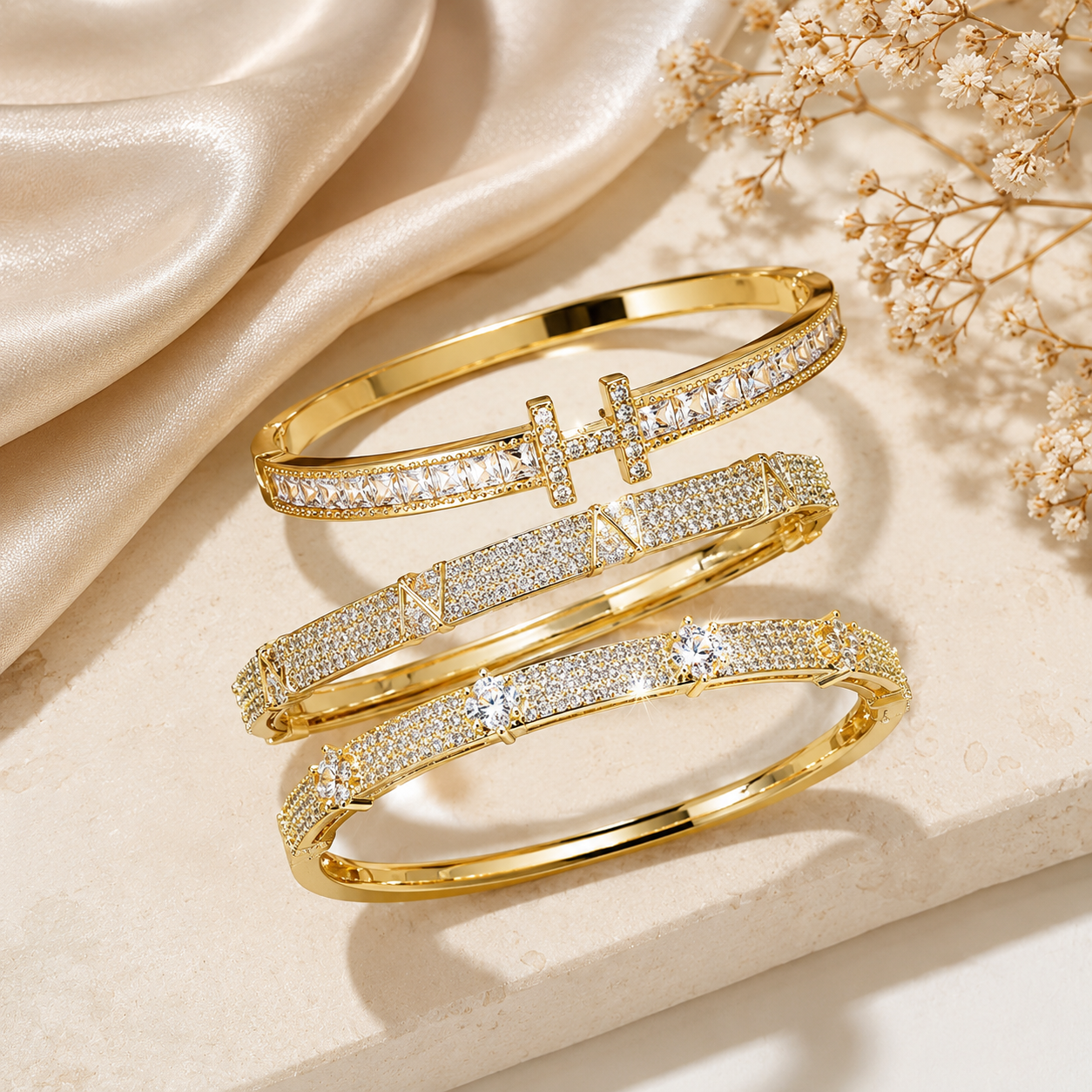 Minimalist Sparkle Bangle Set - Waterproof Gold Plated Jewelry Gift for Her