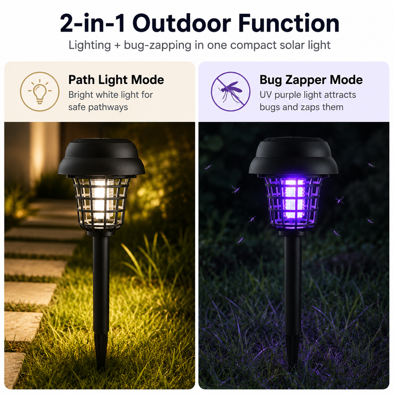 Solar Mosquito Zapper Garden Lights with Purple Bug-Zapping Light & Warm Pathway Glow