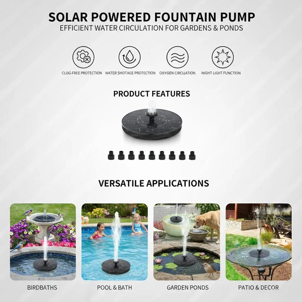 Solar Powered Bird Bath Fountain with 6 Nozzles for Bird Bath, Garden, Pond, Pool
