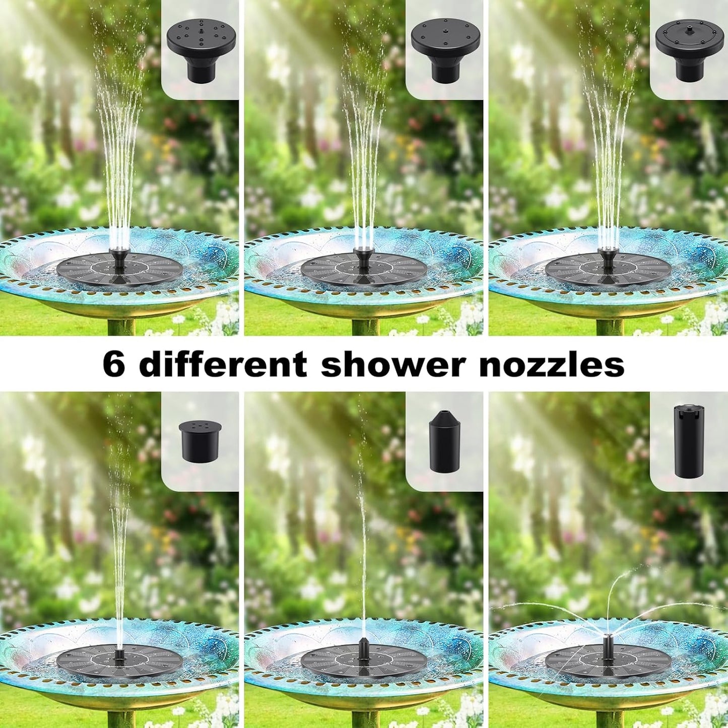 Solar Powered Bird Bath Fountain with 6 Nozzles for Bird Bath, Garden, Pond, Pool