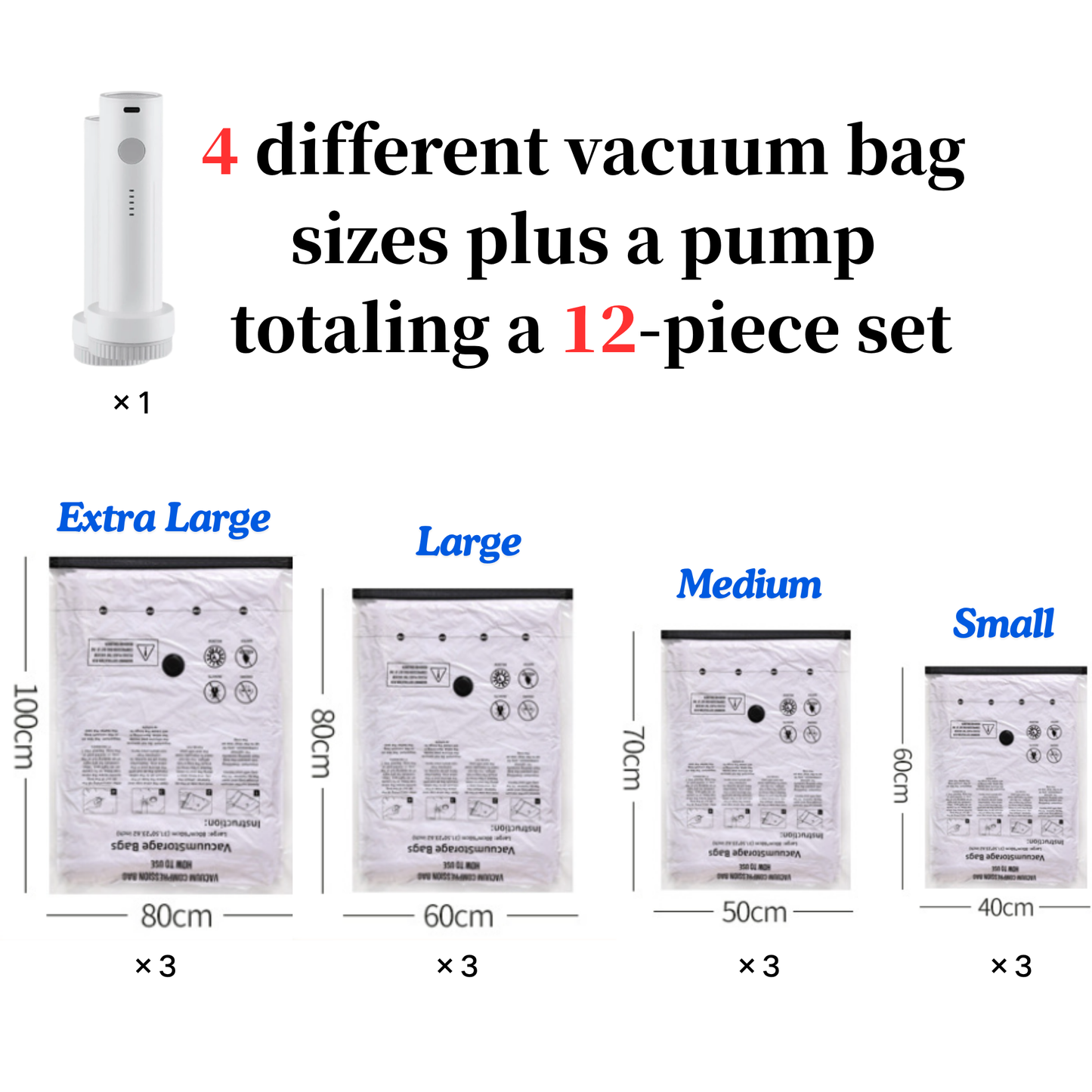 4-Pack Jumbo Vacuum Storage Bags with Pump – Space Saving for Clothes & Bedding