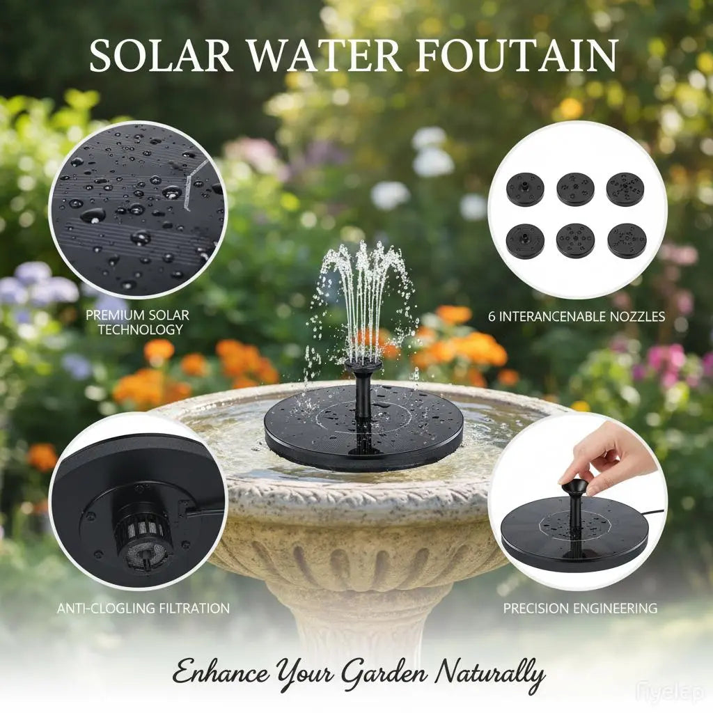 Solar Powered Bird Bath Fountain with 6 Nozzles for Bird Bath, Garden, Pond, Pool