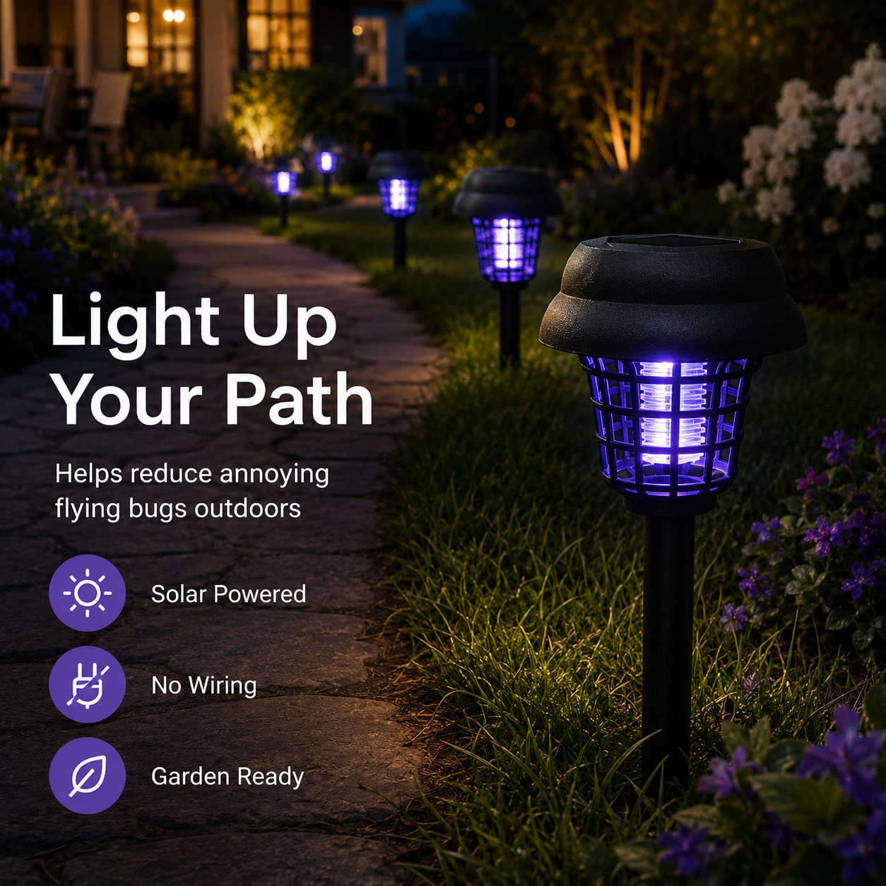 Solar Mosquito Zapper Garden Lights with Purple Bug-Zapping Light & Warm Pathway Glow